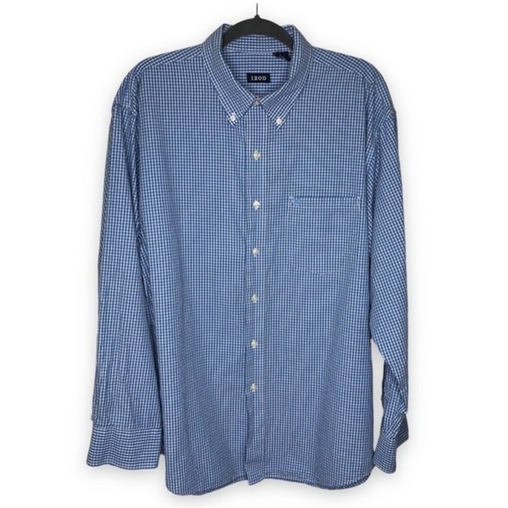 Izod Micro Check Blue White Plaid Button Down Long Sleeve Shirt Mens Size XL